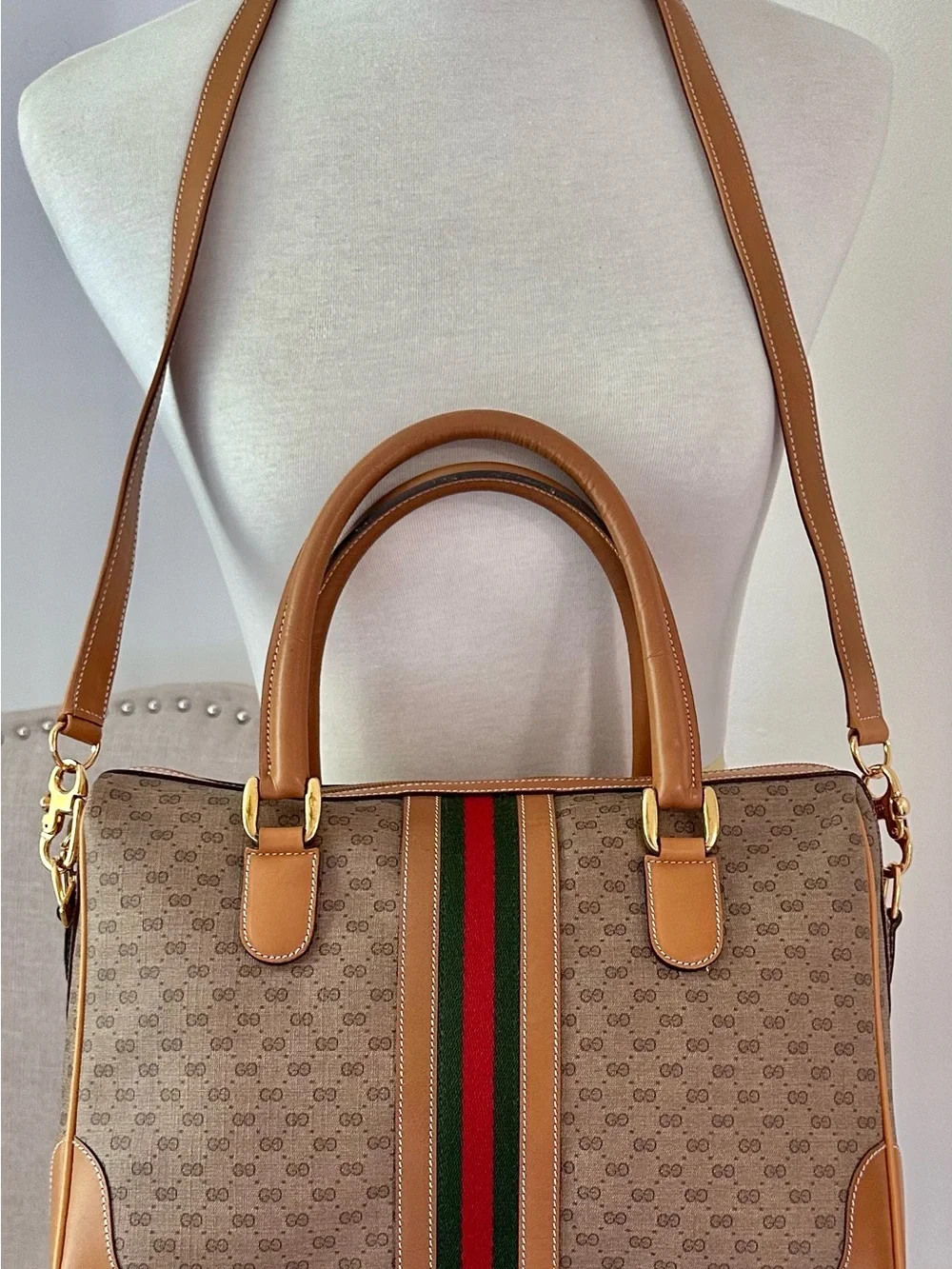 Gucci Tan GG Supreme 2-Way Satchel Boston Bag w/Green-Red Web Stripe Vintage